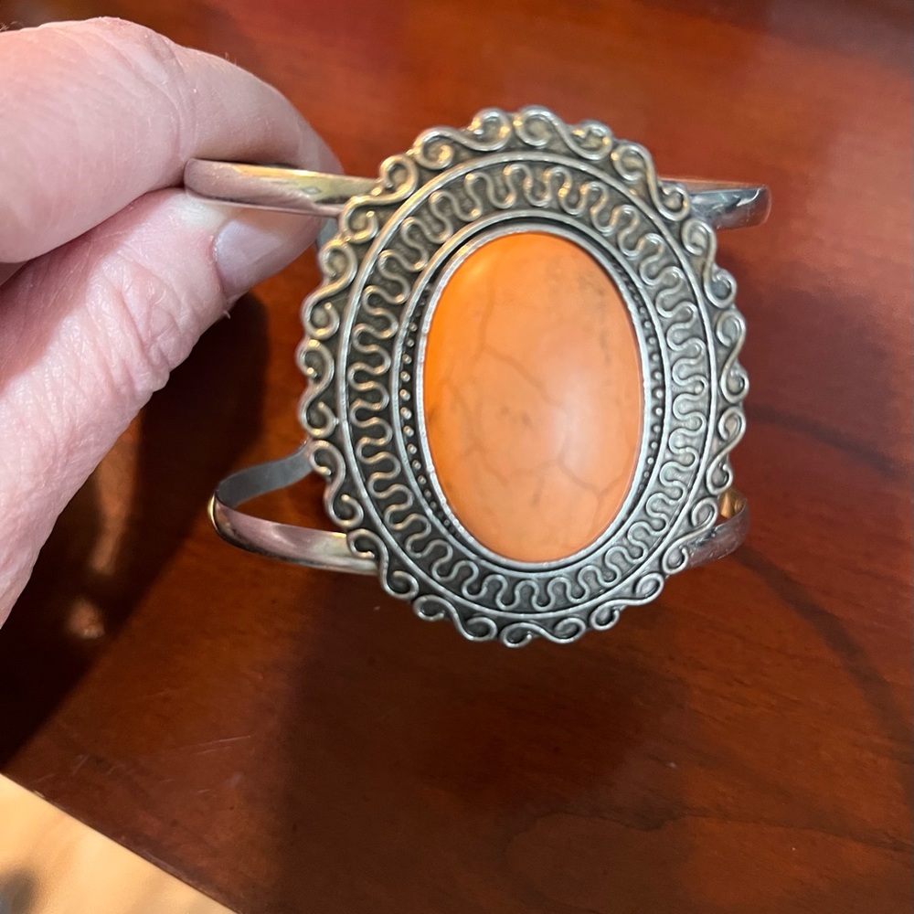 Orange Stone Silver-Tone Cuff Bracelet